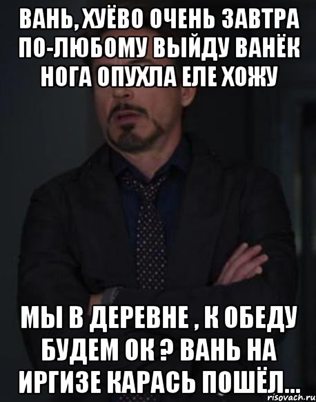 вань, хуёво очень завтра по-любому выйду ванёк нога опухла еле хожу мы в деревне , к обеду будем ок ? вань на иргизе карась пошёл..., Мем твое выражение лица