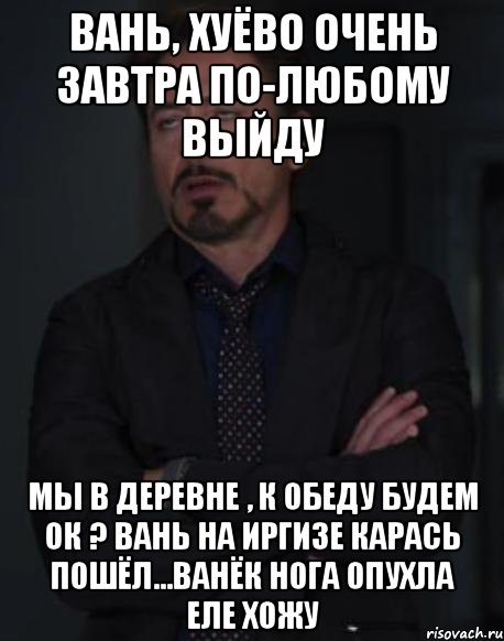 вань, хуёво очень завтра по-любому выйду мы в деревне , к обеду будем ок ? вань на иргизе карась пошёл...ванёк нога опухла еле хожу, Мем твое выражение лица