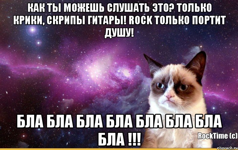 Как ты можешь слушать это? Только крики, скрипы гитары! Rock только портит душу! Бла бла бла бла бла бла бла бла !!!