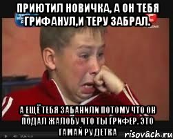 Приютил новичка, а он тебя грифанул,и теру забрал. А ещё тебя забанили потому что он подал жалобу что ты грифер. Это гамай ру детка, Мем  Сашок Фокин