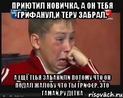 Приютил новичка, а он тебя грифанул,и теру забрал. А ещё тебя забанили потому что он подал жалобу что ты грифер. Это гамай.ру детка, Мем  Сашок Фокин