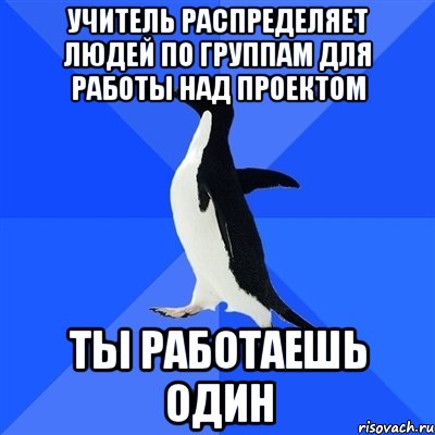 учитель распределяет людей по группам для работы над проектом ТЫ РАБОТАЕШЬ ОДИН, Мем  Социально-неуклюжий пингвин