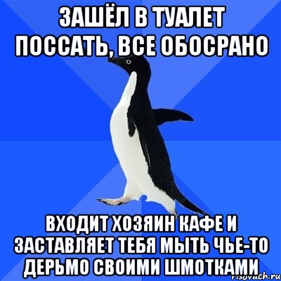 Зашёл в туалет поссать, все обосрано Входит хозяин кафе и заставляет тебя мыть чье-то дерьмо своими шмотками, Мем  Социально-неуклюжий пингвин