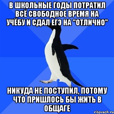 в школьные годы потратил всё свободное время на учёбу и сдал ЕГЭ на "отлично" никуда не поступил, потому что пришлось бы жить в общаге, Мем  Социально-неуклюжий пингвин