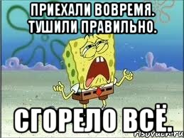 ПРИЕХАЛИ ВОВРЕМЯ. ТУШИЛИ ПРАВИЛЬНО. СГОРЕЛО ВСЁ., Мем Спанч Боб плачет