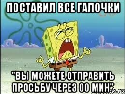 Поставил все галочки "вы можете отправить просьбу через 00 мин", Мем Спанч Боб плачет