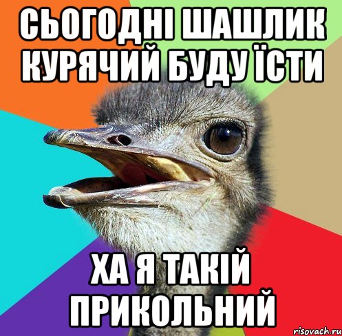 сьогодні шашлик курячий буду їсти ха я такій прикольний