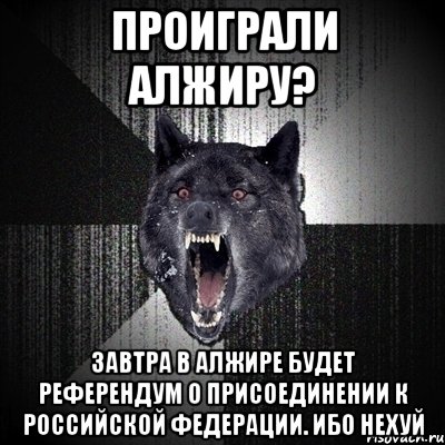 Проиграли Алжиру? Завтра в Алжире будет референдум о присоединении к Российской Федерации. Ибо нехуй, Мем Сумасшедший волк