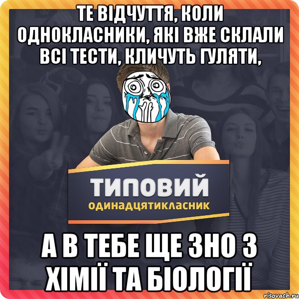 Те відчуття, коли однокласники, які вже склали всі тести, кличуть гуляти, а в тебе ще ЗНО з хімії та біології