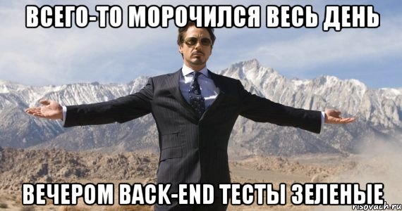 всего-то морочился весь день вечером back-end тесты зеленые, Мем железный человек