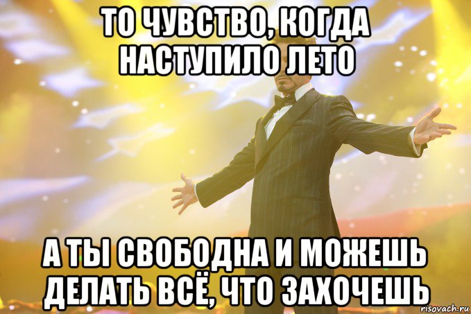 То чувство, когда наступило лето А ты свободна и можешь делать всё, что захочешь, Мем Тони Старк (Роберт Дауни младший)