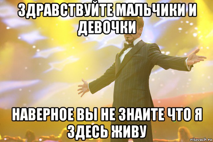 здравствуйте мальчики и девочки наверное вы не знаите что я здесь живу, Мем Тони Старк (Роберт Дауни младший)