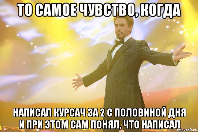 ТО САМОЕ ЧУВСТВО, КОГДА НАПИСАЛ КУРСАЧ ЗА 2 С ПОЛОВИНОЙ ДНЯ и при этом сам понял, что написал, Мем Тони Старк (Роберт Дауни младший)