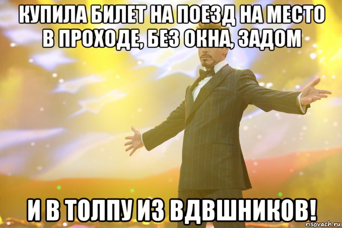 Купила билет на поезд на место в проходе, без окна, задом И в толпу из вдвшников!, Мем Тони Старк (Роберт Дауни младший)