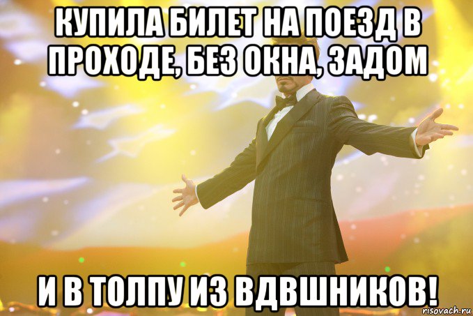 Купила билет на поезд в проходе, без окна, задом И в толпу из вдвшников!, Мем Тони Старк (Роберт Дауни младший)