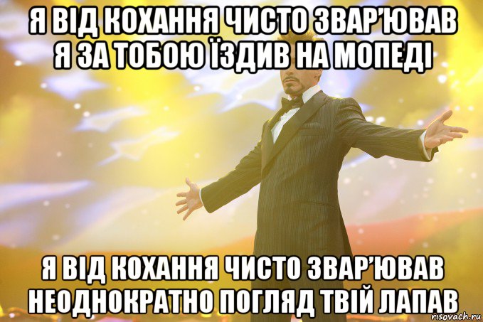 Я від кохання чисто звар’ював Я за тобою їздив на мопеді Я від кохання чисто звар’ював Hеоднократно погляд твій лапав, Мем Тони Старк (Роберт Дауни младший)