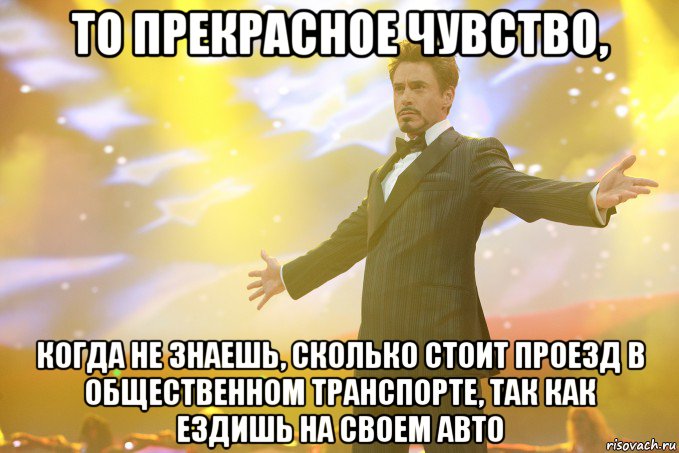 То прекрасное чувство, когда не знаешь, сколько стоит проезд в общественном транспорте, так как ездишь на своем авто, Мем Тони Старк (Роберт Дауни младший)