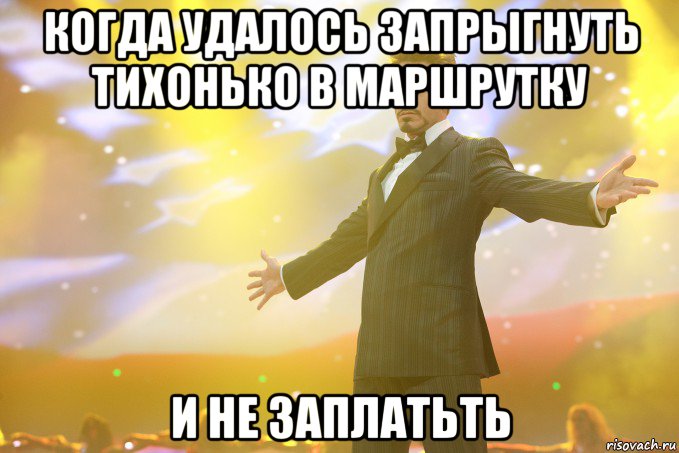 Когда удалось запрыгнуть тихонько в маршрутку И не заплатьть, Мем Тони Старк (Роберт Дауни младший)