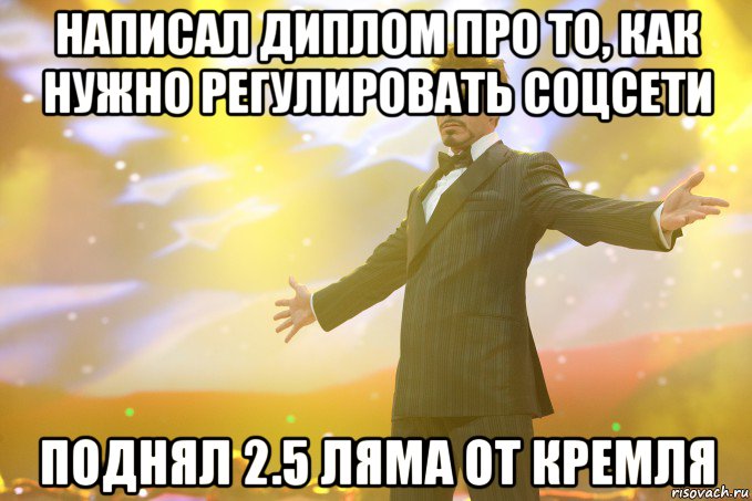 НАПИСАЛ ДИПЛОМ ПРО ТО, КАК НУЖНО РЕГУЛИРОВАТЬ СОЦСЕТИ ПОДНЯЛ 2.5 ЛЯМА ОТ КРЕМЛЯ, Мем Тони Старк (Роберт Дауни младший)