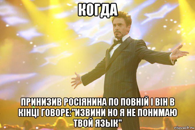 КОГДА ПРИНИЗИВ РОСІЯНИНА ПО ПОВНІЙ І ВІН В КІНЦІ ГОВОРЕ:"ИЗВИНИ НО Я НЕ ПОНИМАЮ ТВОЙ ЯЗЫК", Мем Тони Старк (Роберт Дауни младший)