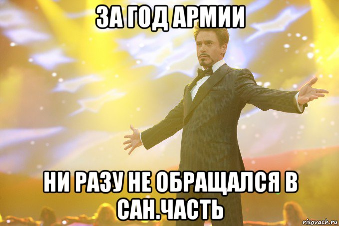 За год армии Ни разу не обращался в сан.часть, Мем Тони Старк (Роберт Дауни младший)