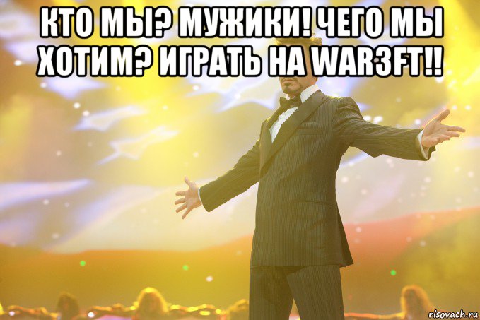 кто мы? Мужики! Чего мы хотим? Играть на war3ft!! , Мем Тони Старк (Роберт Дауни младший)