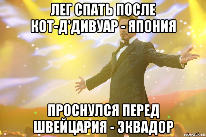 Лег спать после Кот-Д'дивуар - Япония Проснулся перед Швейцария - Эквадор, Мем Тони Старк (Роберт Дауни младший)
