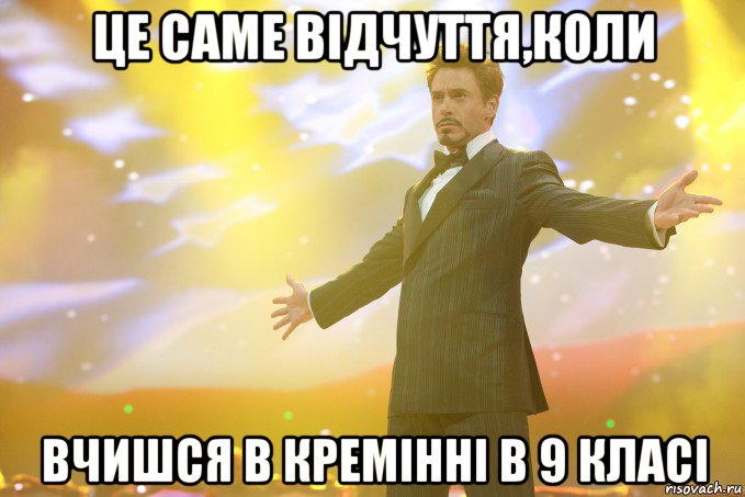 Це саме відчуття,коли вчишся в КРЕМІННІ В 9 КЛАСІ, Мем Тони Старк (Роберт Дауни младший)