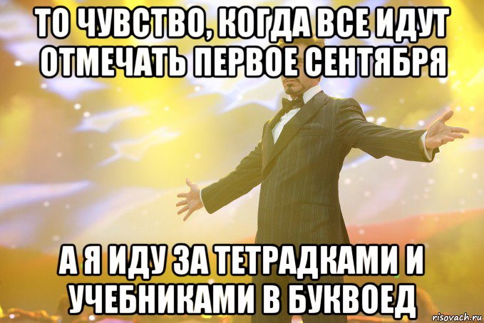 То чувство, когда все идут отмечать первое сентября А я иду за тетрадками и учебниками в Буквоед, Мем Тони Старк (Роберт Дауни младший)