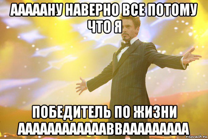 аааааНу наверно все потому что я Победитель по жизни ааааааааааааввааааааааа, Мем Тони Старк (Роберт Дауни младший)