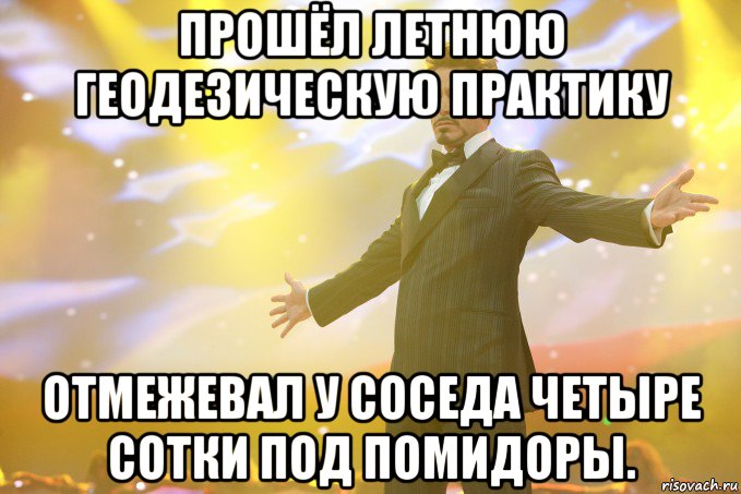 Прошёл летнюю геодезическую практику Отмежевал у соседа четыре сотки под помидоры., Мем Тони Старк (Роберт Дауни младший)