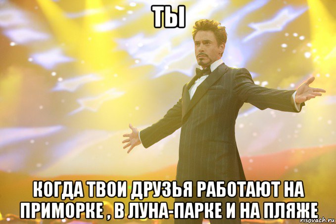 Ты Когда твои друзья работают на Приморке , в луна-парке и на пляже, Мем Тони Старк (Роберт Дауни младший)