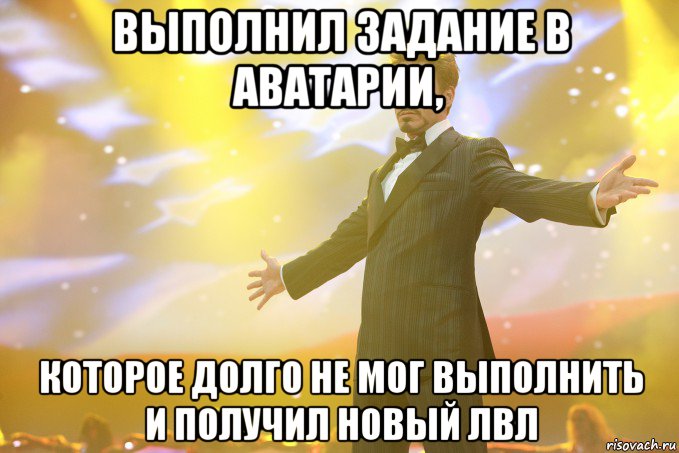 выполнил задание в аватарии, которое долго не мог выполнить и получил новый лвл, Мем Тони Старк (Роберт Дауни младший)