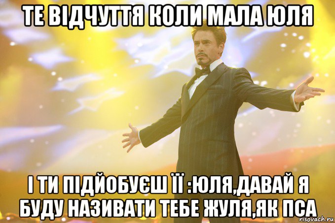 ТЕ ВІДЧУТТЯ КОЛИ МАЛА ЮЛЯ І ТИ ПІДЙОБУЄШ ЇЇ :ЮЛЯ,ДАВАЙ Я БУДУ НАЗИВАТИ ТЕБЕ ЖУЛЯ,ЯК ПСА, Мем Тони Старк (Роберт Дауни младший)