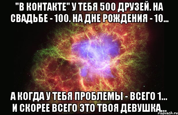 "В контакте" у тебя 500 друзей. На свадьбе - 100. На дне рождения - 10... А когда у тебя проблемы - всего 1... И скорее всего это твоя девушка..., Мем Туманность