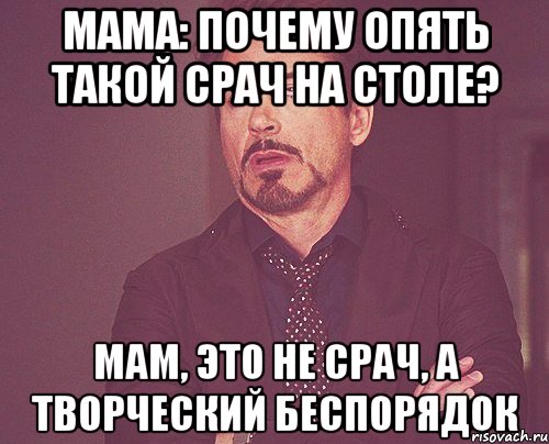 мама: почему опять такой срач на столе? мам, это не срач, а творческий беспорядок, Мем твое выражение лица