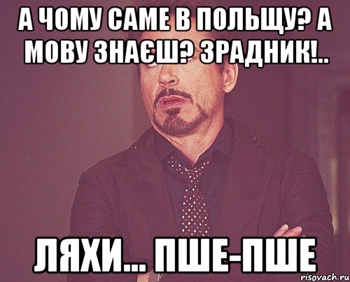 А чому саме в Польщу? А мову знаєш? Зрадник!.. Ляхи... Пше-пше, Мем твое выражение лица