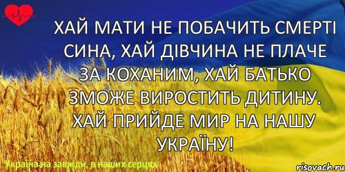 Хай мати не побачить смерті сина, Хай дівчина не плаче за коханим, Хай батько зможе виростить дитину. Хай прийде мир на нашу Україну!