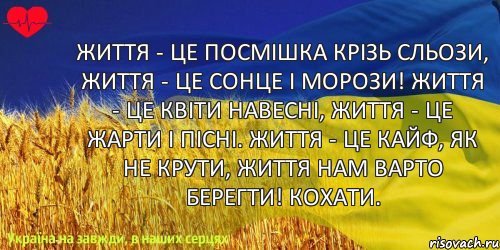 Життя - це посмішка крізь сльози, Життя - це сонце і морози! Життя - це квіти навесні, Життя - це жарти і пісні. Життя - це кайф, як не крути, Життя нам варто берегти! кохати., Комикс ваивит