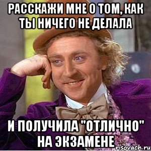 Расскажи мне о том, как ты ничего не делала и получила "отлично" на экзамене, Мем Ну давай расскажи (Вилли Вонка)