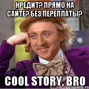 Кредит? Прямо на сайте? Без переплаты? Cool story, bro, Мем Ну давай расскажи (Вилли Вонка)