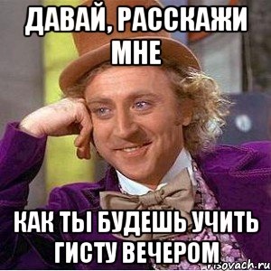 Давай, расскажи мне Как ты будешь учить гисту вечером, Мем Ну давай расскажи (Вилли Вонка)