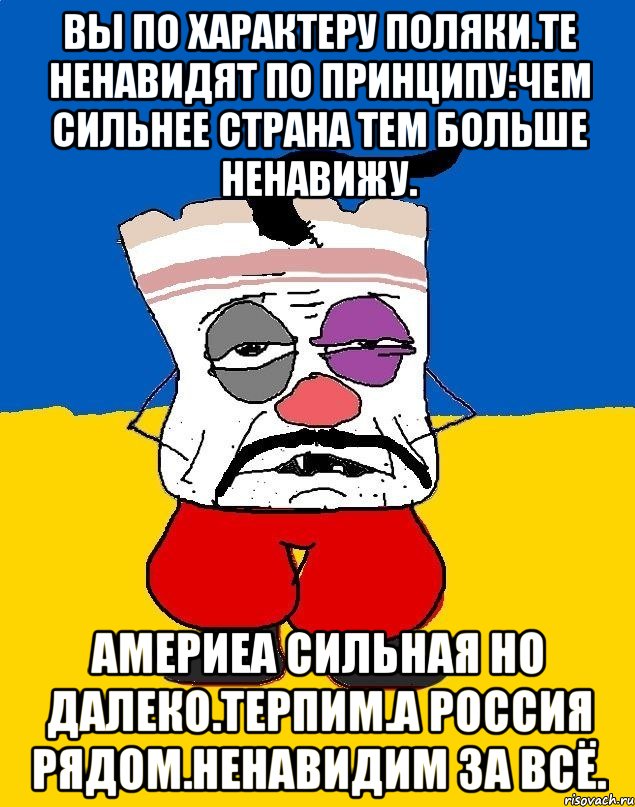 Вы по характеру поляки.те ненавидят по принципу:чем сильнее страна тем больше ненавижу. Америеа сильная но далеко.терпим.а россия рядом.ненавидим за всё., Мем Западенец - тухлое сало