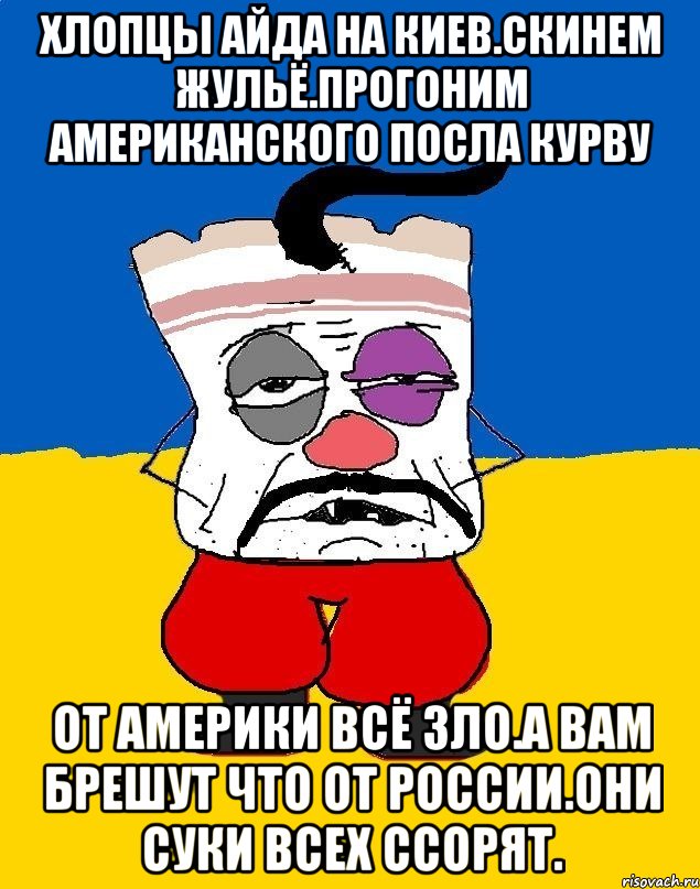 Хлопцы айда на киев.скинем жульё.прогоним американского посла курву От америки всё зло.а вам брешут что от россии.они суки всех ссорят., Мем Западенец - тухлое сало