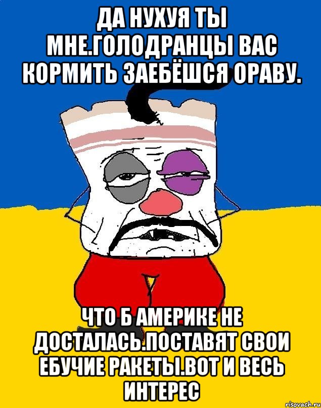 Да нухуя ты мне.голодранцы вас кормить заебёшся ораву. Что б америке не досталась.поставяТ свои ебучие ракеты.вот и весь интерес, Мем Западенец - тухлое сало