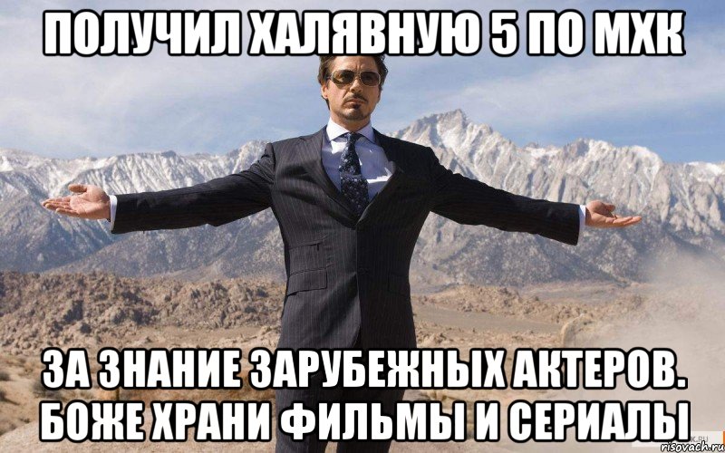 получил халявную 5 по мхк за знание зарубежных актеров. боже храни фильмы и сериалы, Мем железный человек