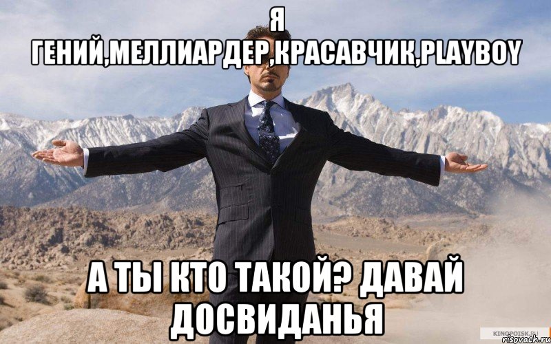 я гений,меллиардер,красавчик,playboy а ты кто такой? давай досвиданья, Мем железный человек