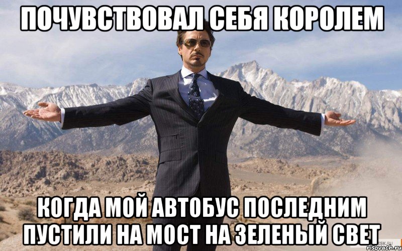 ПОЧУВСТВОВАЛ СЕБЯ КОРОЛЕМ КОГДА МОЙ АВТОБУС ПОСЛЕДНИМ ПУСТИЛИ НА МОСТ НА ЗЕЛЕНЫЙ СВЕТ, Мем железный человек