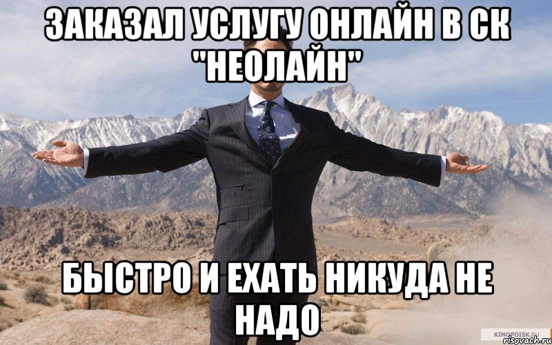 Заказал услугу онлайн в СК "Неолайн" Быстро и ехать никуда не надо, Мем железный человек