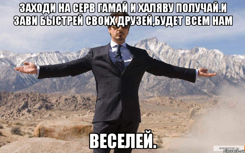 Заходи на серв гамай и халяву получай.И зави быстрей своих друзей,будет всем нам веселей., Мем железный человек